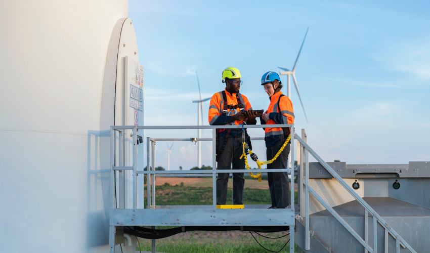 Two workers inspecting a wind turbine