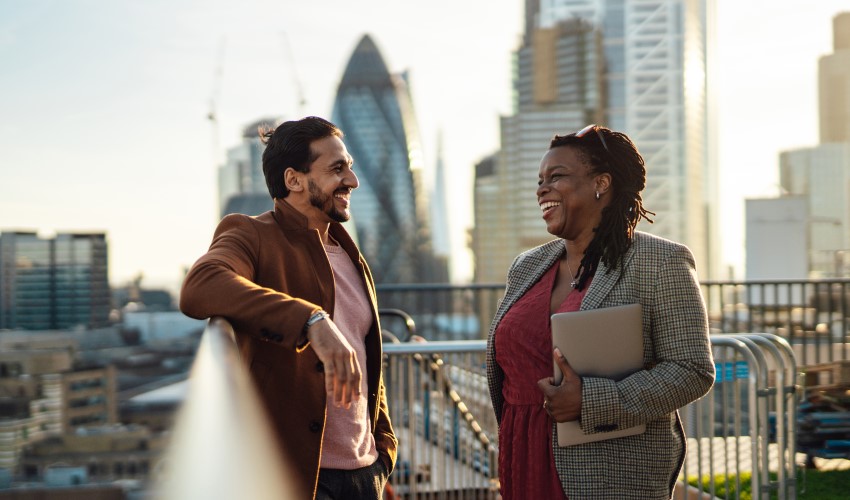 Two people having a conversation in London