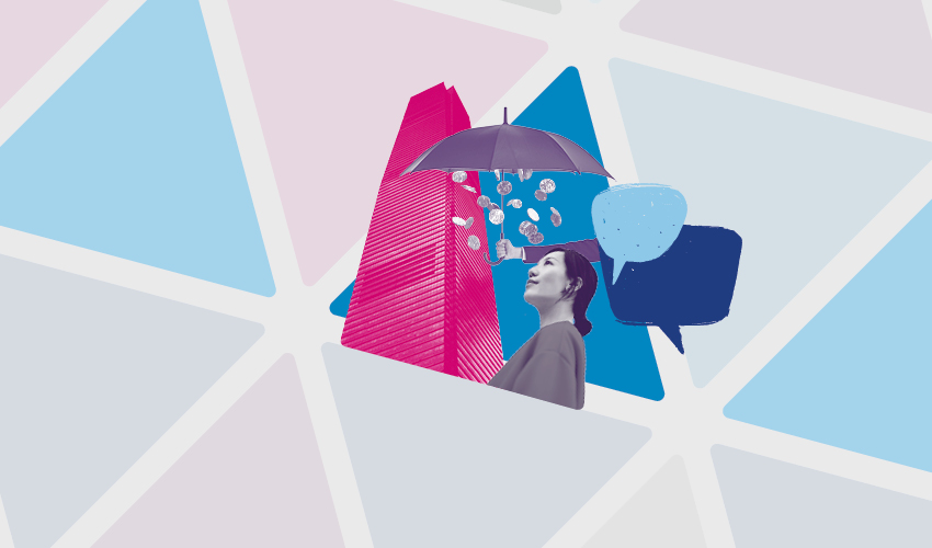 Artwork showing a woman looking at a skyscraper and an umbrella with coins