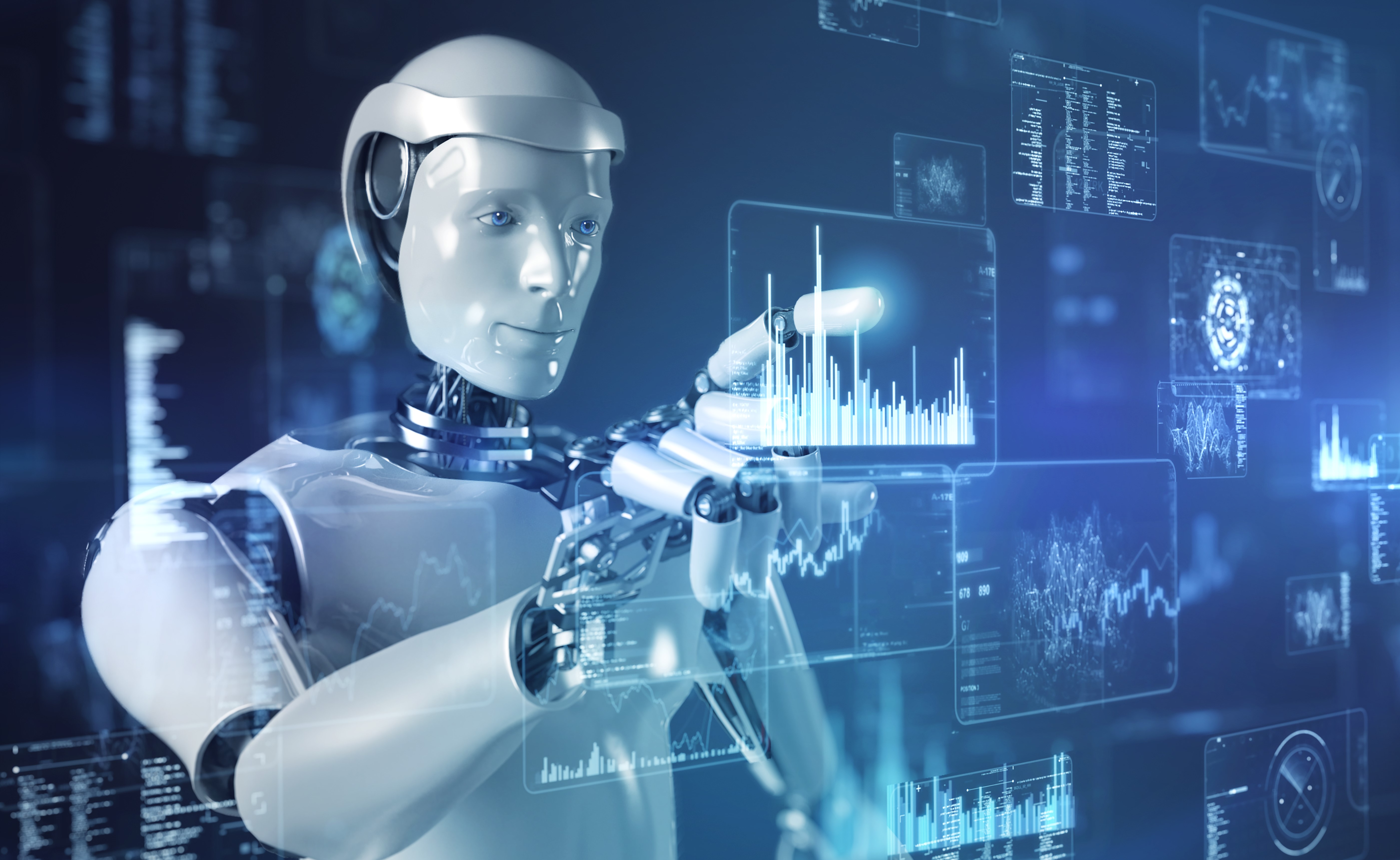 Artificial intelligence robot control futuristic data screen
