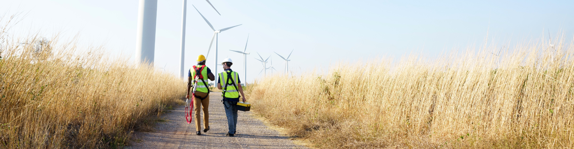 Workers walking along an onshore windfarm