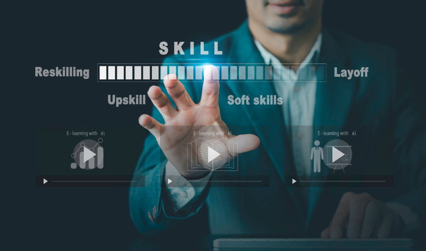 Man pointing at words including Skills, Layoff, Upskill, Reskilling