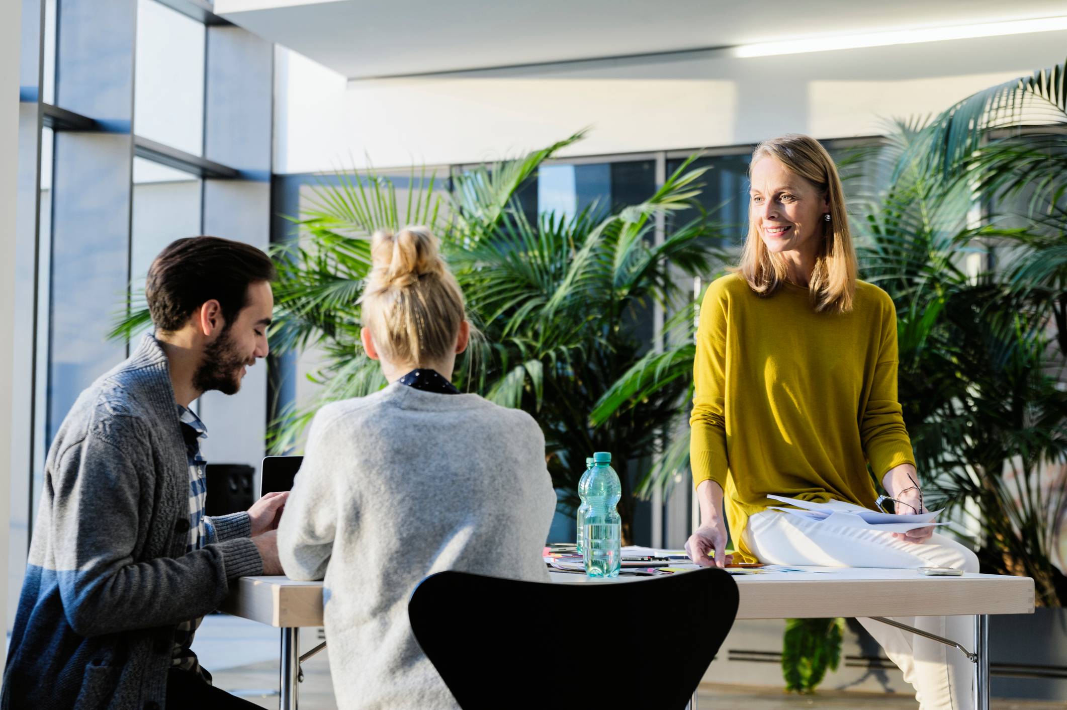 People around a table chatting with a large plant behind them