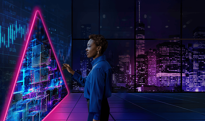 Person interacts with glowing holographic interface in neon city skyline at night