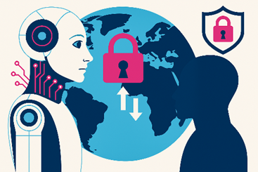 An illustration of a robot and human silhouette with a globe and padlocks, representing AI security