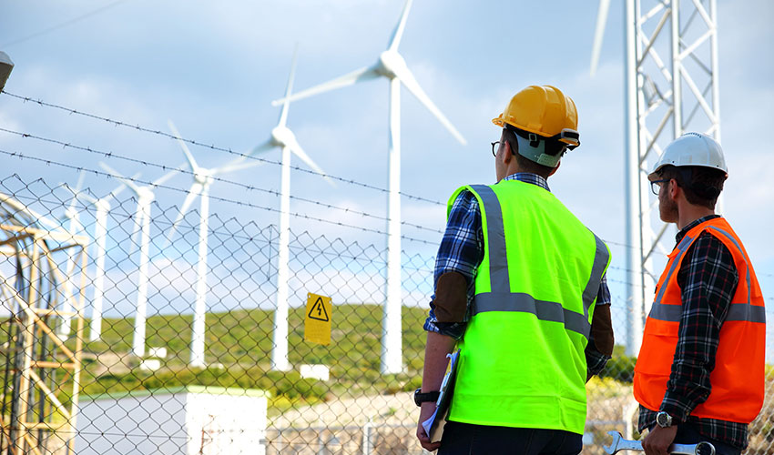 Workers looking at wind turbines