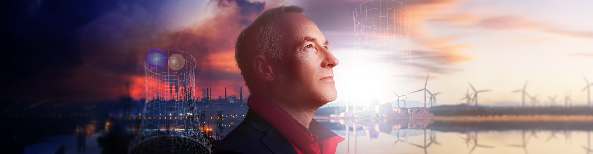 Picture showing coal plants on the left and wind farms on the right with a man looking ahead