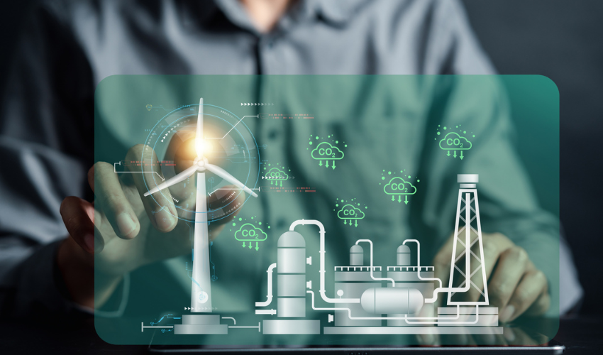 Hand touching a model of a wind turbine