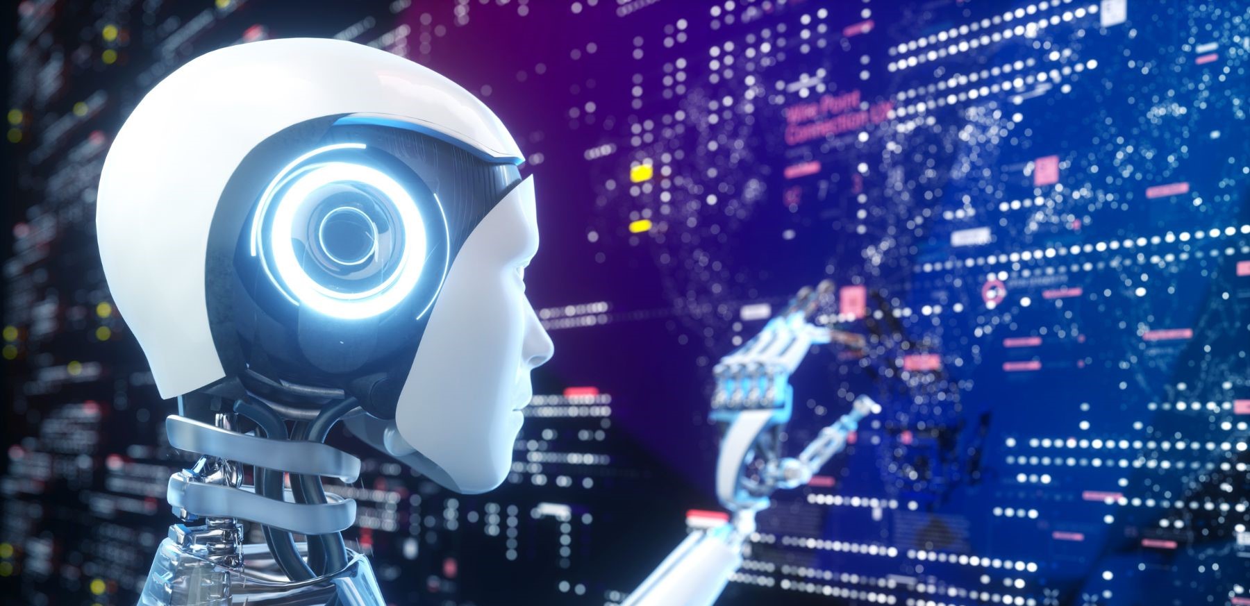 artificial intelligence robot touching projected screens with data against black background