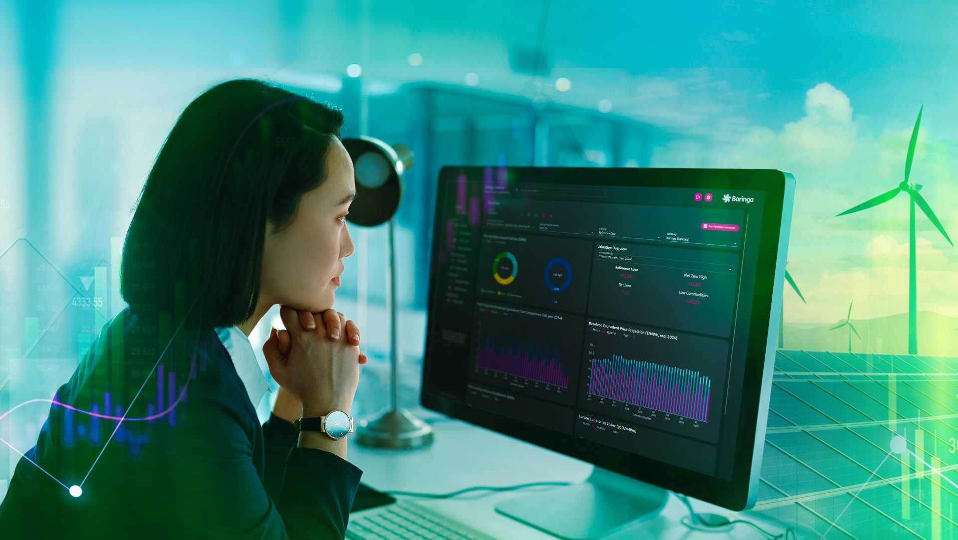 Woman looking at data on a computer screen