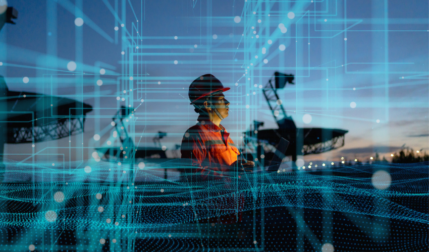 Worker in hard hat with satellite dishes, digital grid.