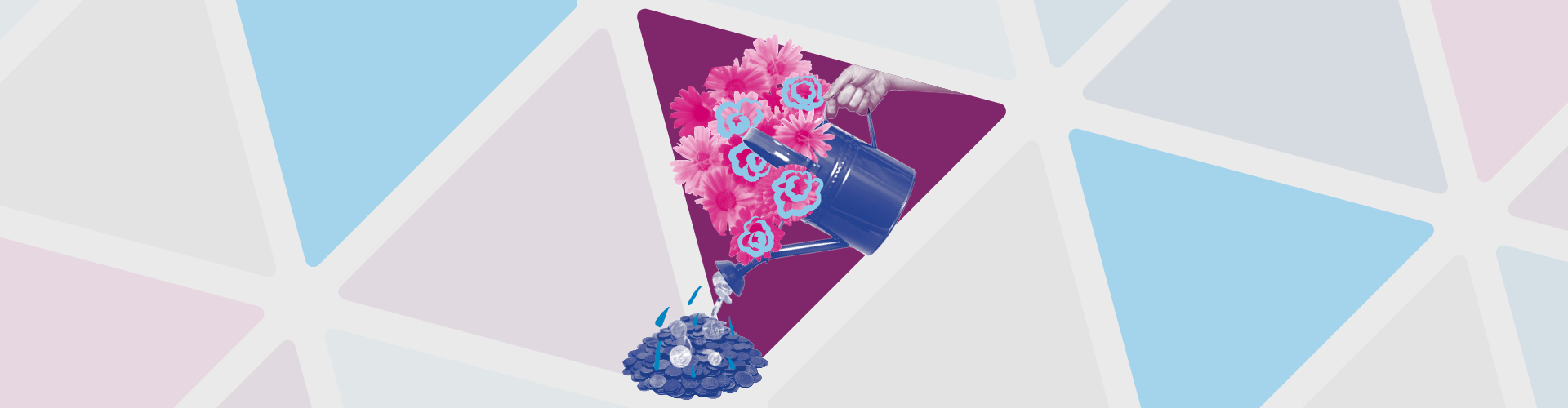 Artwork showing a hand holding a watering can and a pile of coins