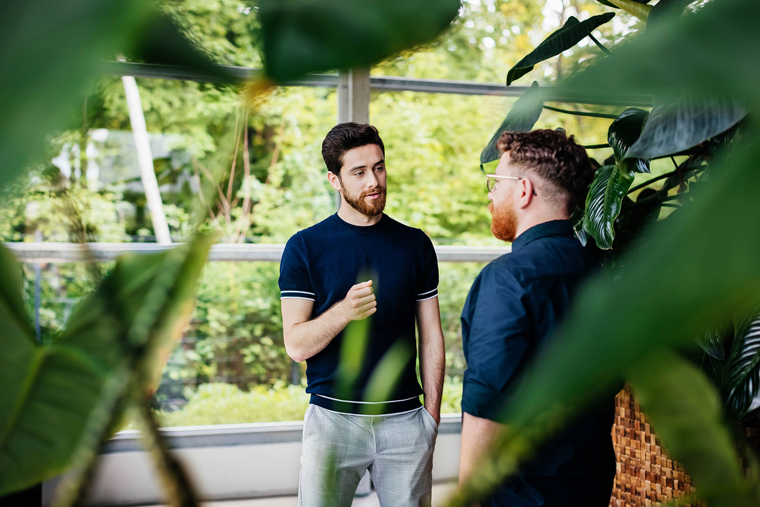 Two men chatting in a greenhouse surrounded by plants