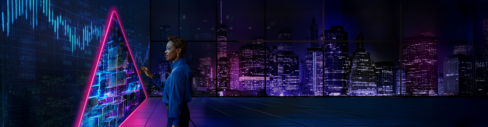Person interacts with glowing holographic interface in neon city skyline at night
