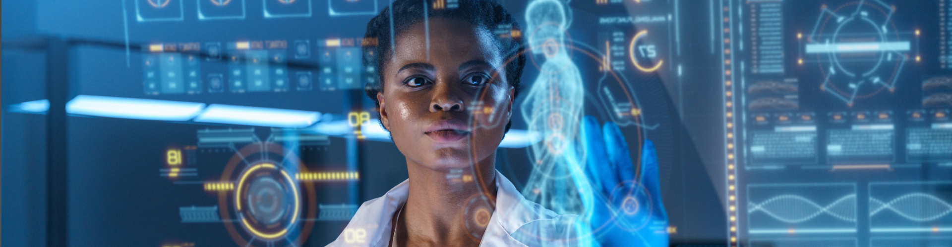 Person standing before futuristic displays showing human anatomy and DNA strands