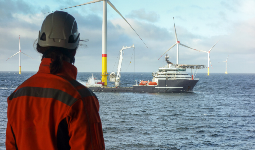 Worker looking towards a ship in an offshore wind farm