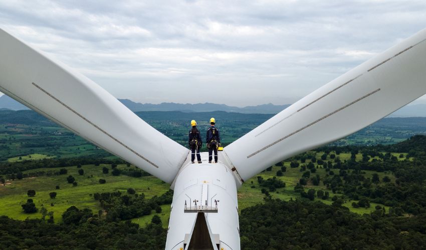Two workers on top of a wind turbine