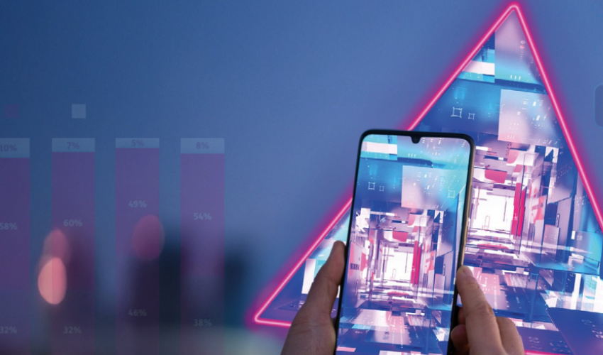 Smartphone in front of graphs and a triangle