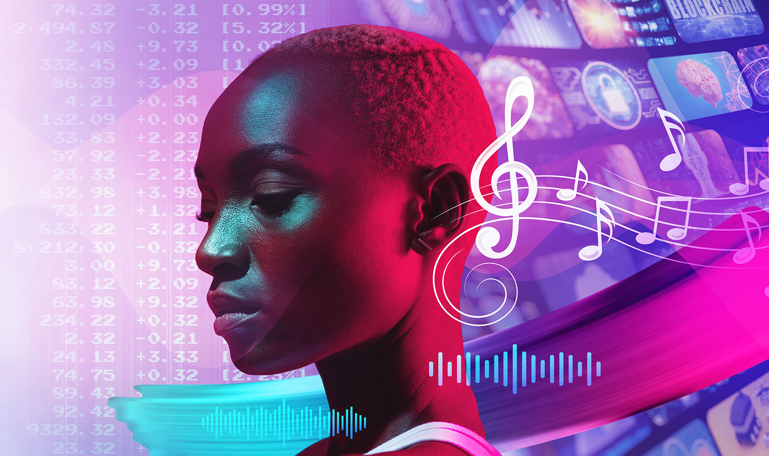 A woman's head with music symbols