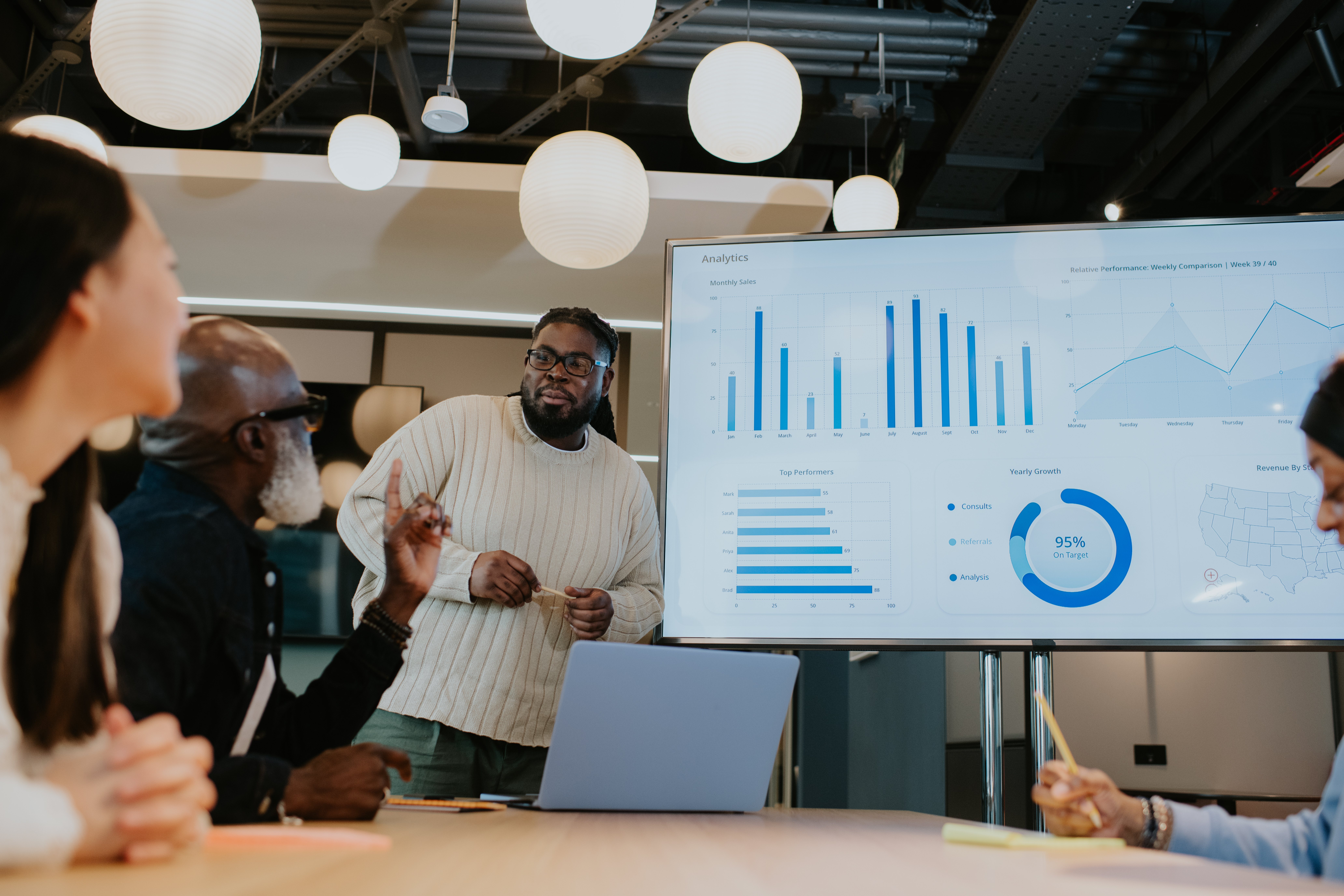 People looking at a board during a meeting