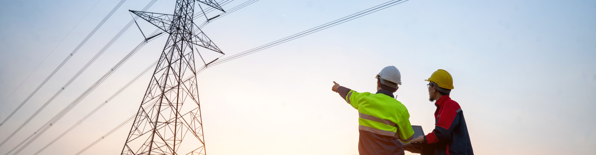 Workers pointing at a pylon