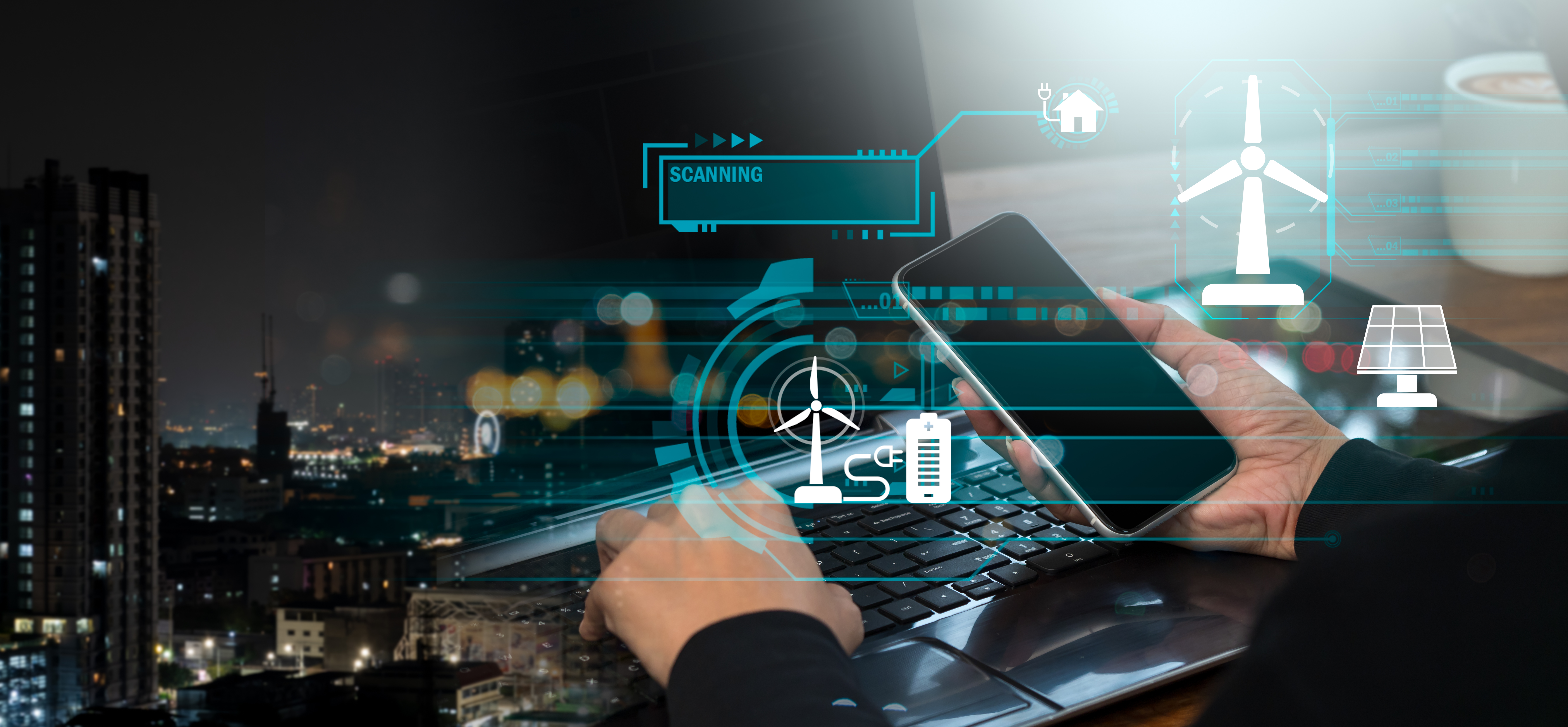 Hands holding a smartphone while typing on a keyboard