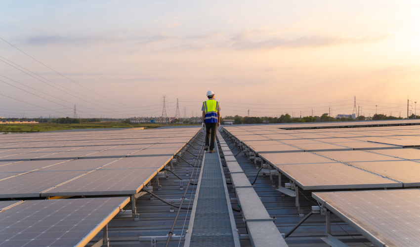 Worker in a solar farm