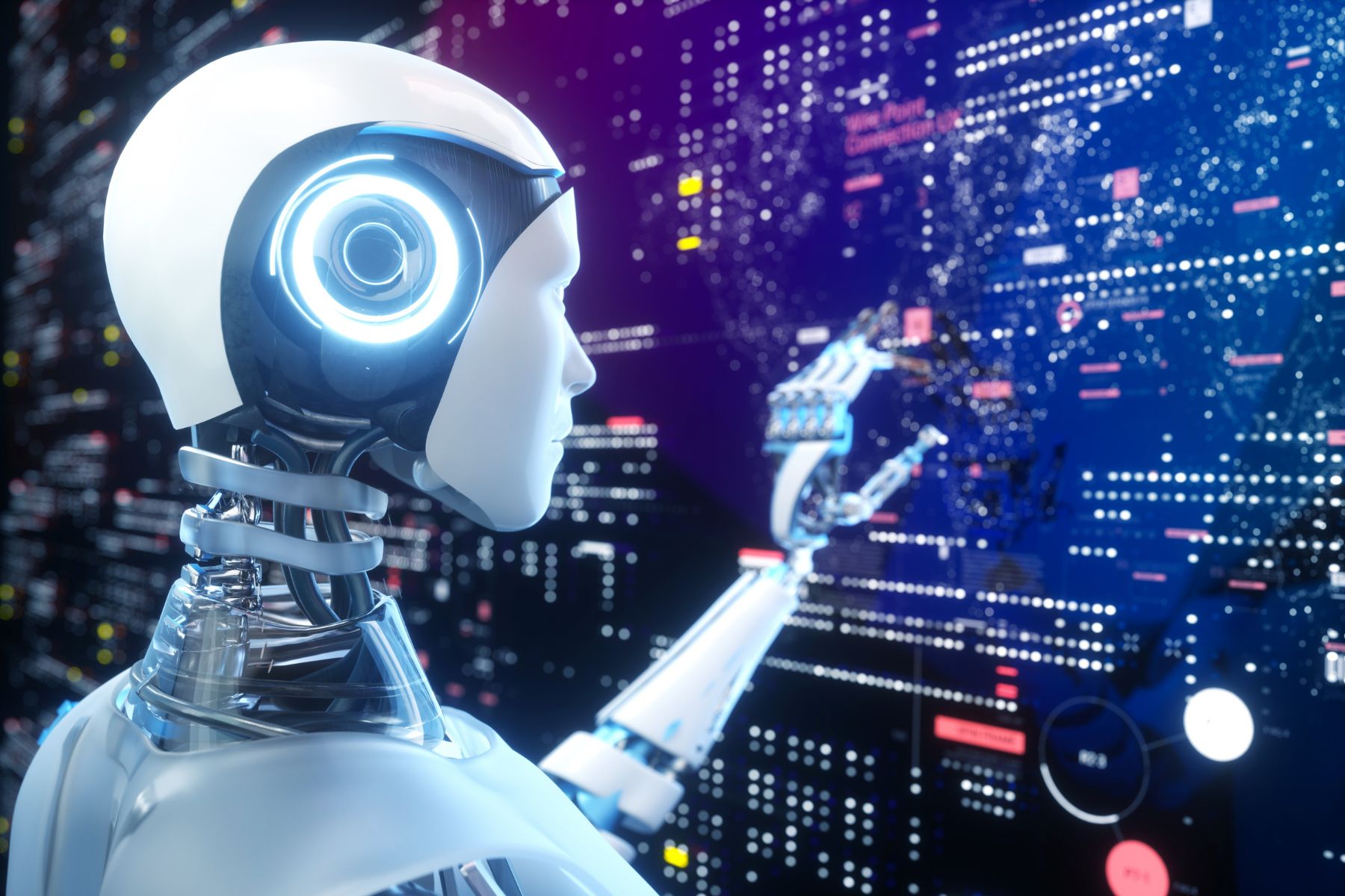 artificial intelligence robot touching projected screens with data against black background