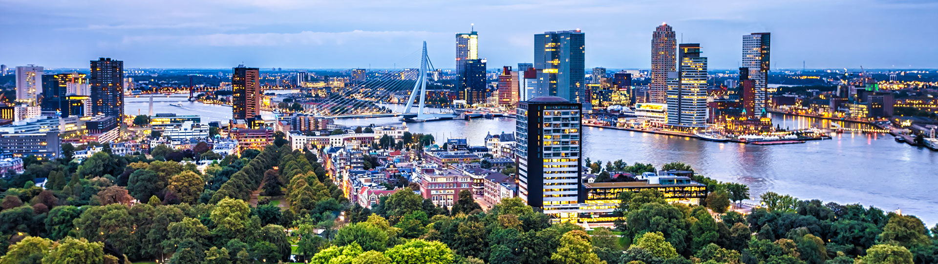 Rotterdam centre showing the Erasmus Bridge crossing the Nieuwe Maas