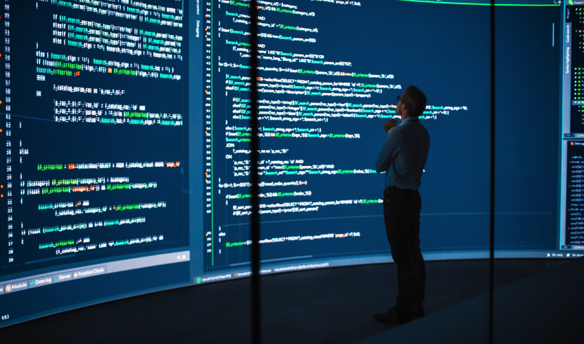 Business man computer screen coding