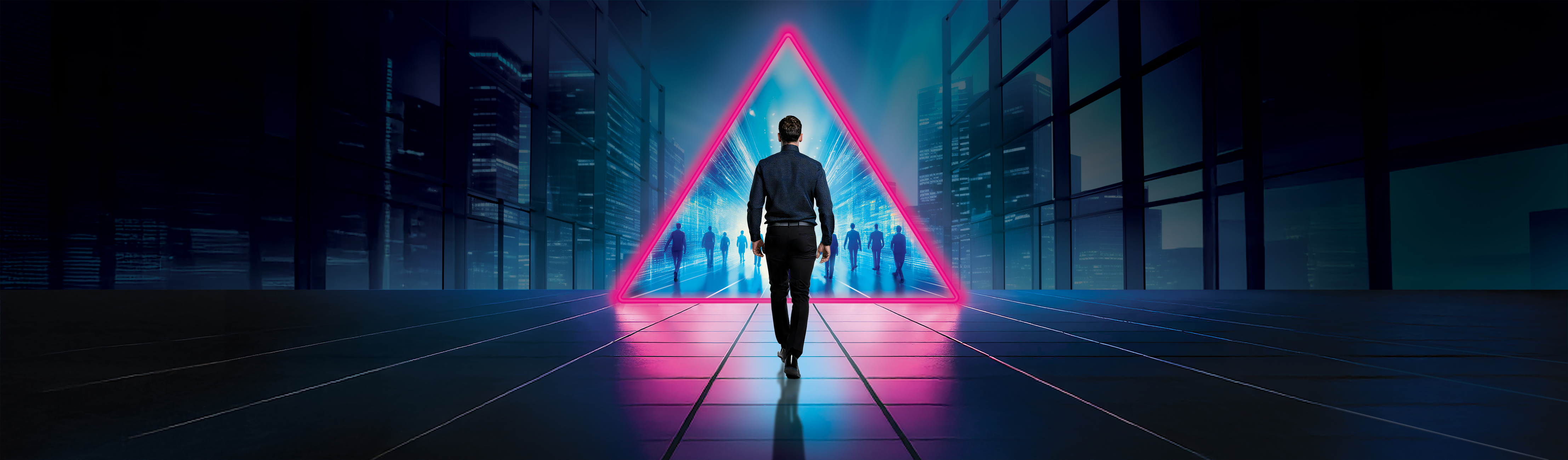 Man walking through triangle-shaped portal