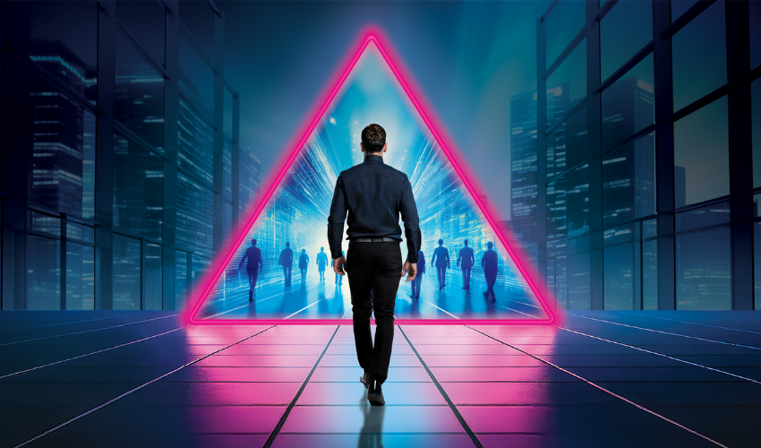 Man walking through triangle-shaped portal