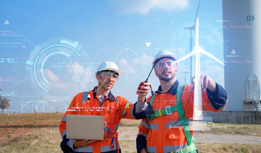Men looking a tech for a wind turbine 