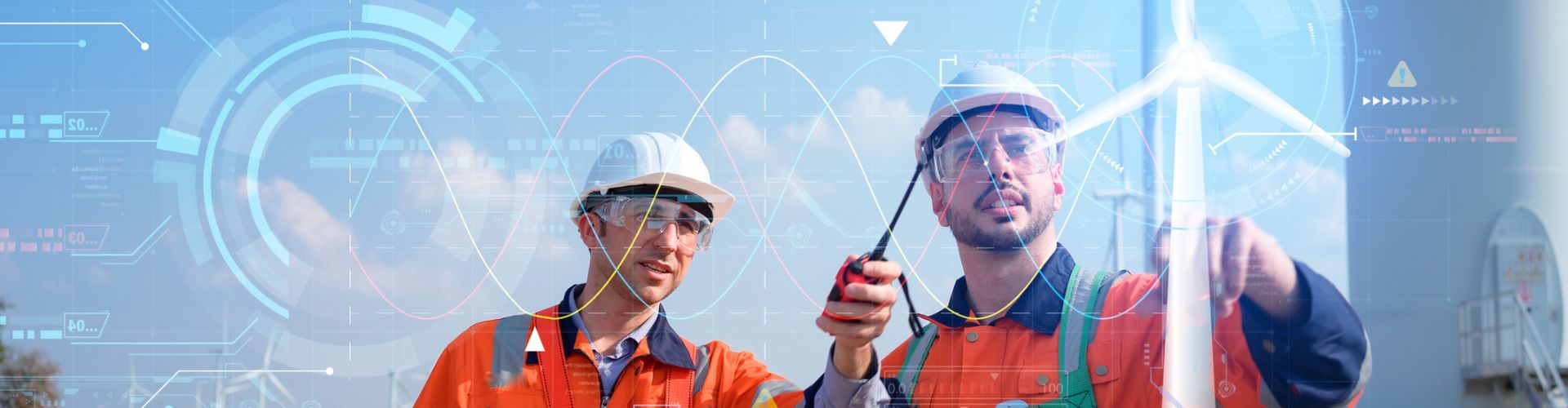Men looking a tech for a wind turbine 