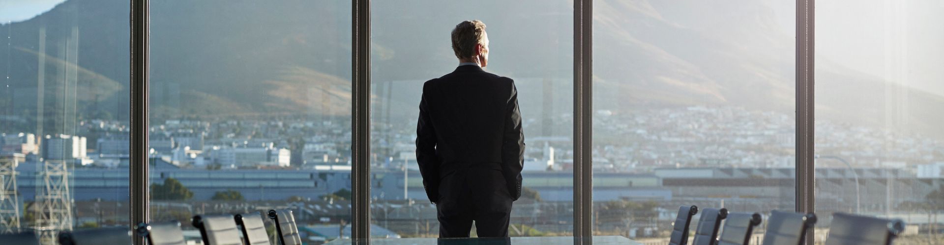 Man in boardroom looking out the window to a landscape view 