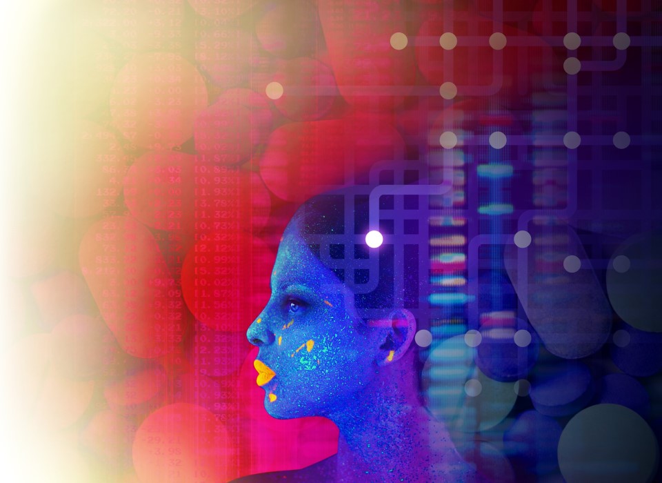 Picture of a woman superimposed over a background of pills