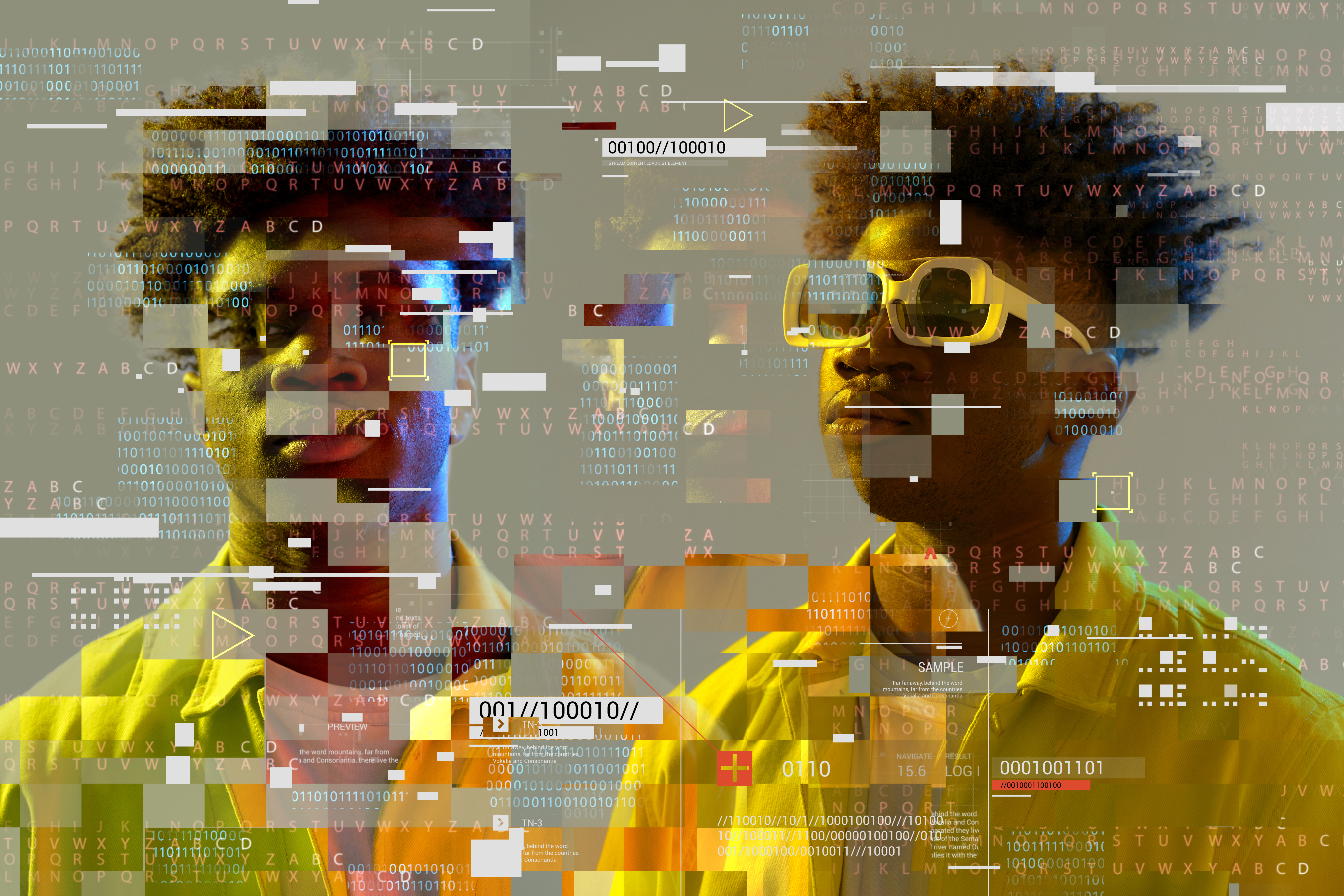 Artwork of two people with pixels