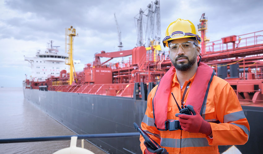 ship worker on tugboat with tanker