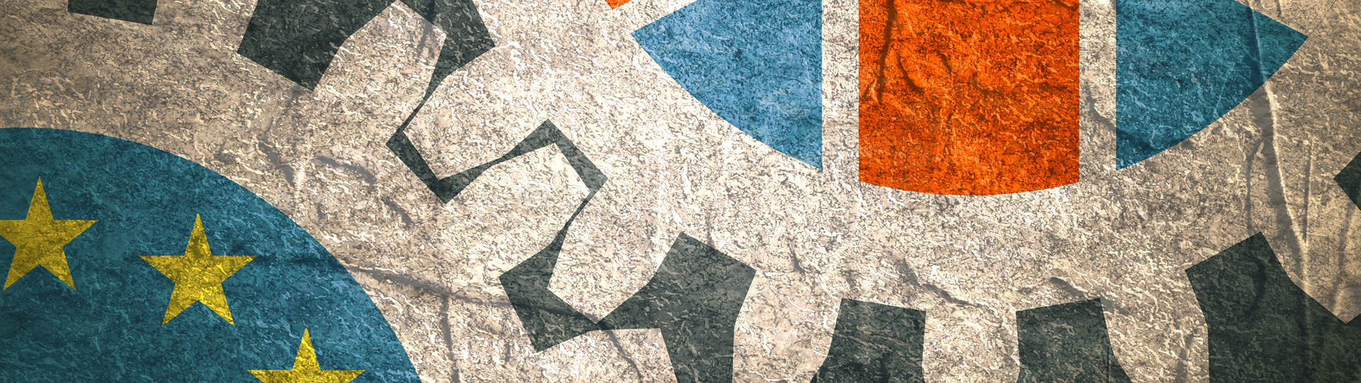 One cog with the Union Jack flag next to a cog with the European Union flag