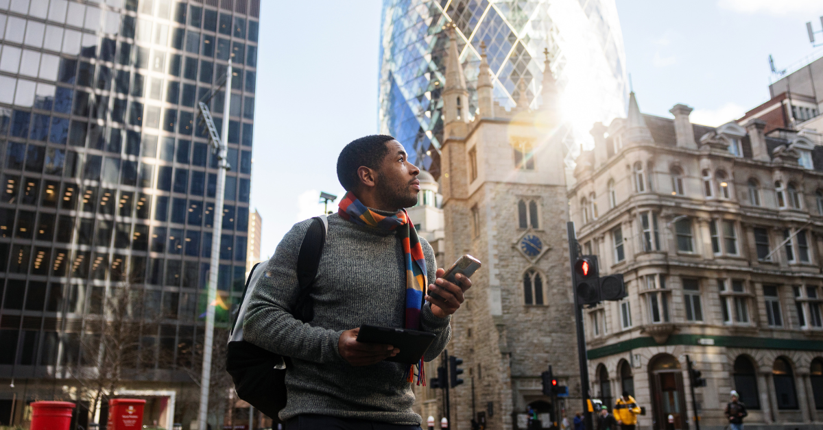 Man on phone in city