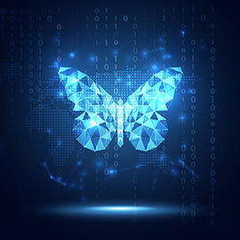 A digital image of a butterfly with a map and data behind