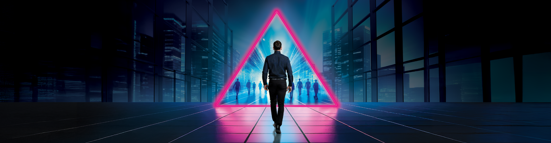 Man in business attire walking toward a glowing pink neon triangle portal in a futuristic city