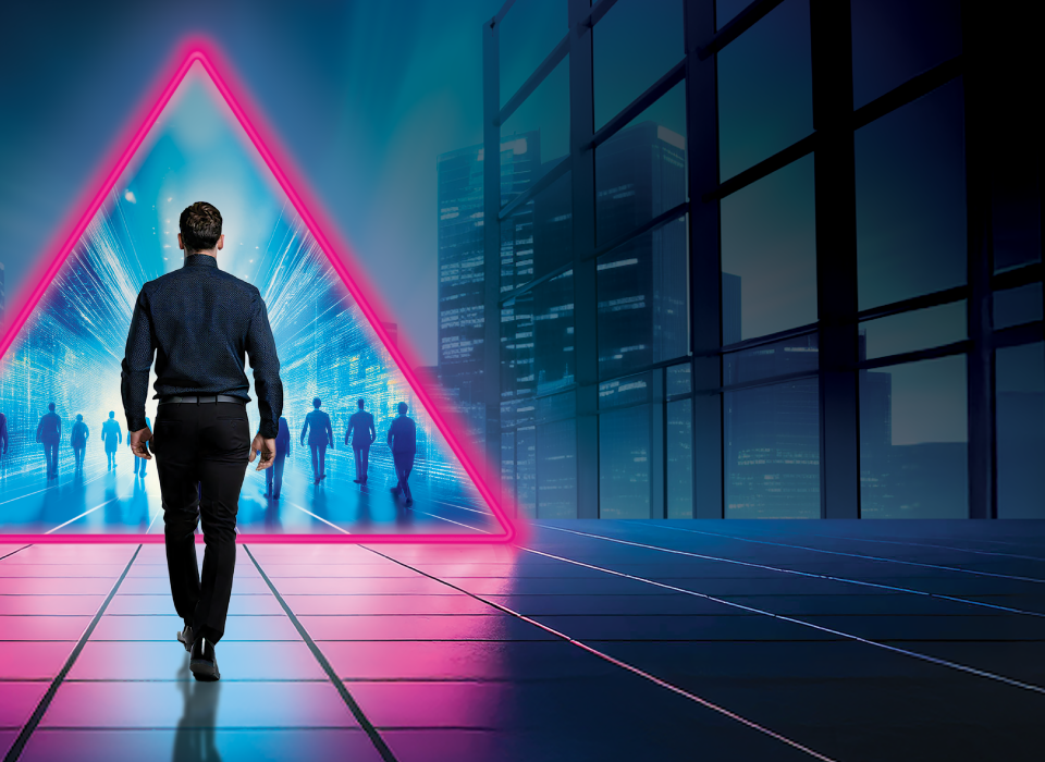 Man in business attire walking toward a glowing pink neon triangle portal in a futuristic city