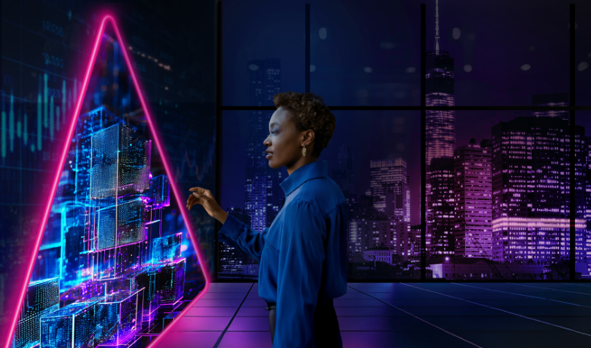 Woman pointing to futuristic digital portal