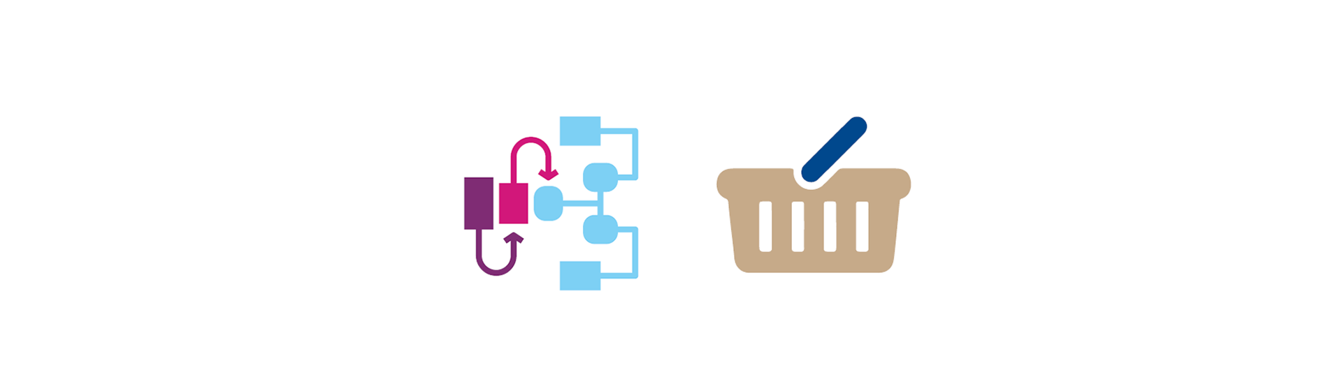 Four large symbols of a lightbulb, a flow diagram, a shopping basket and a magnifying glass