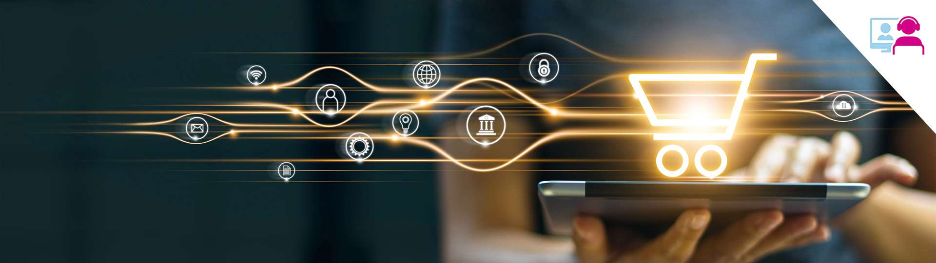 A hand holding a tablet with symbols above it