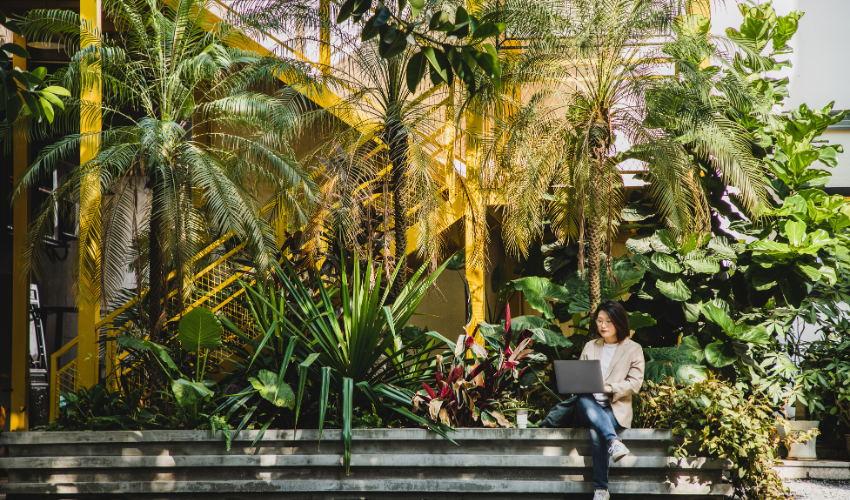 businesswoman sitting outdoor with lots of plants using laptop