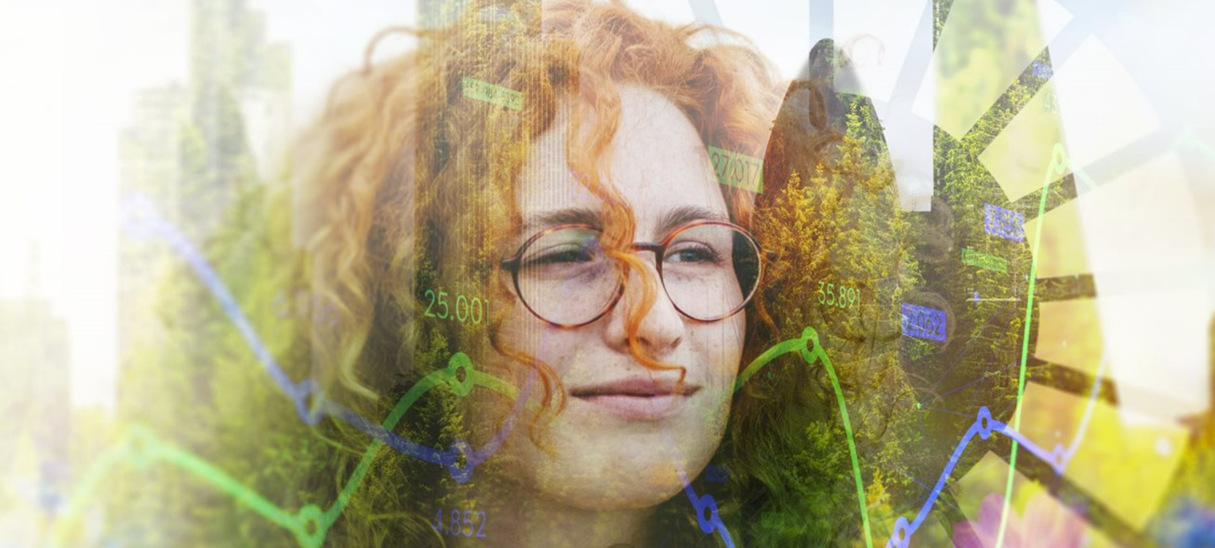 A woman's face superimposed on a city skyline covered in plants
