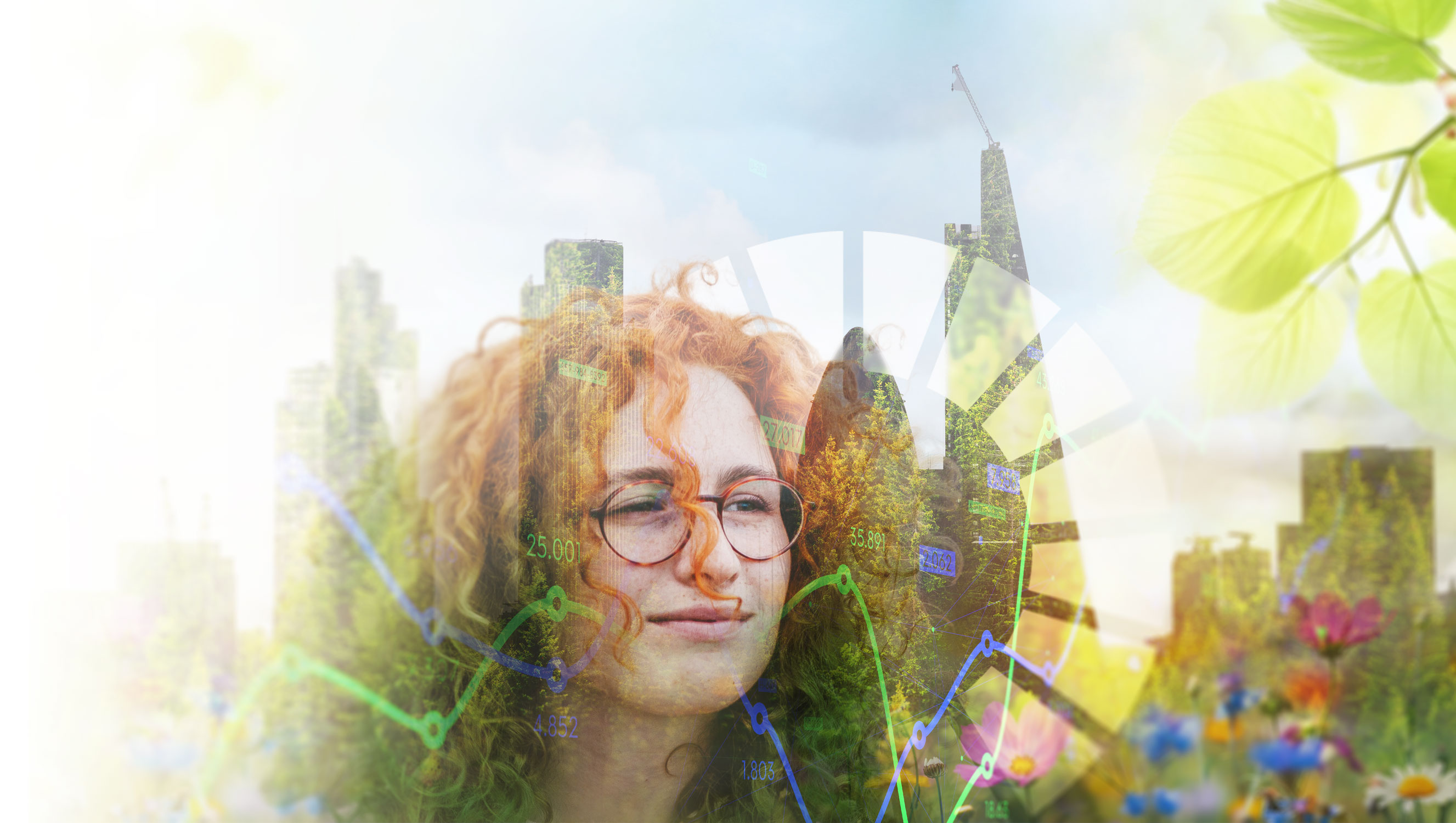 A woman's face superimposed on a city skyline covered in plants