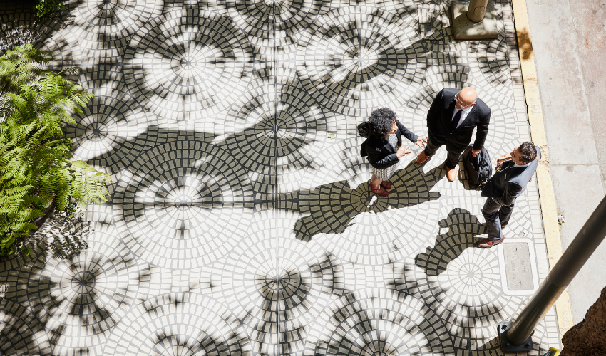 Three business people having a conversation on tree lined sidewalk